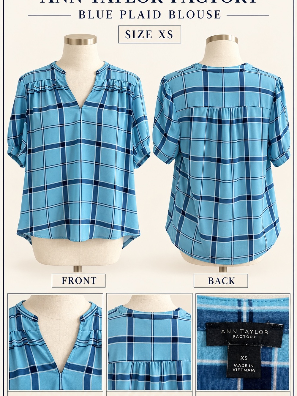 Ann Taylor Sky Blue Plaid Short Sleeve Blouse